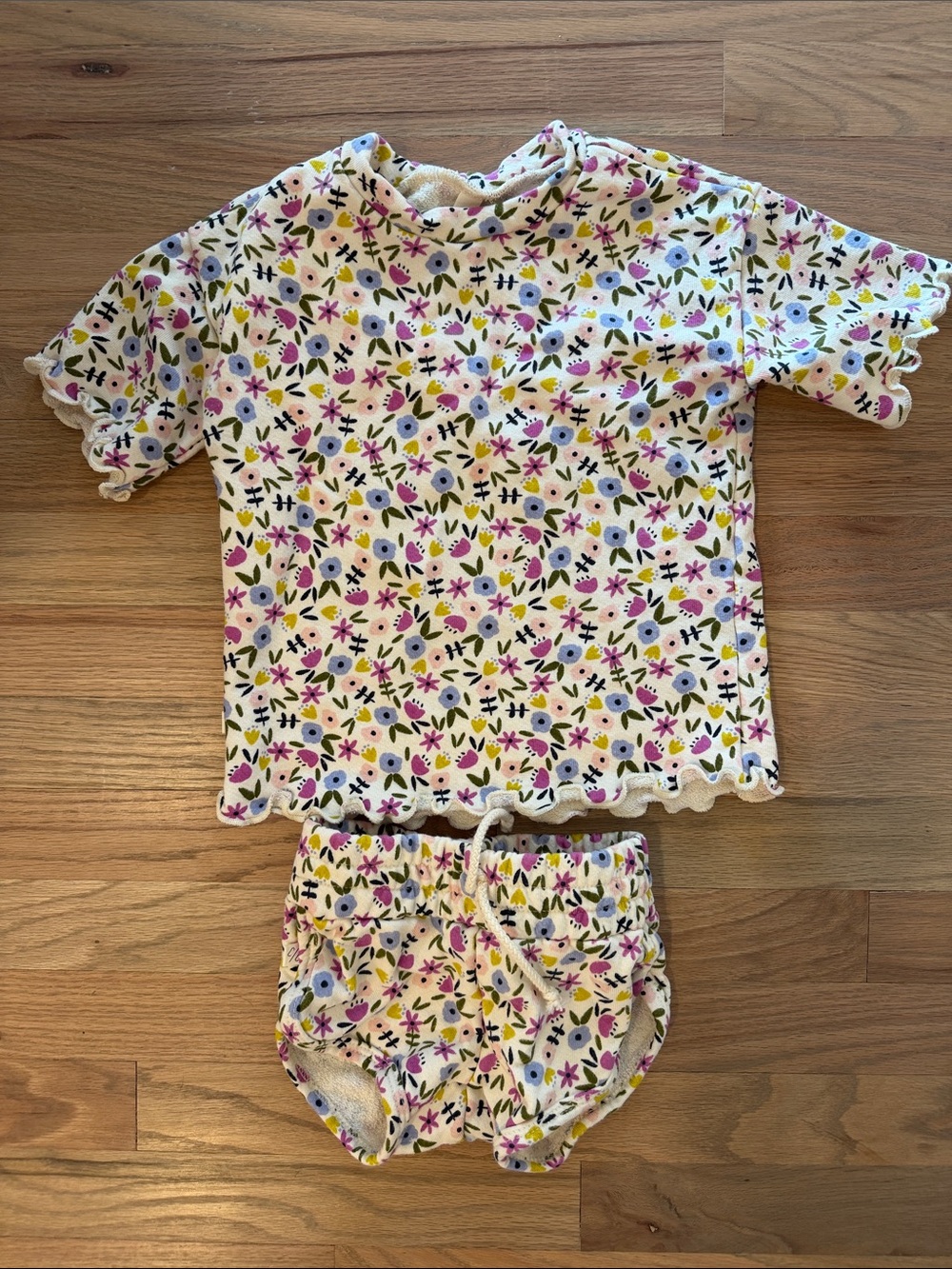 Girls' Floral Knit Pajama Top & Bloomers Set - White with Pink, Blue & Yellow